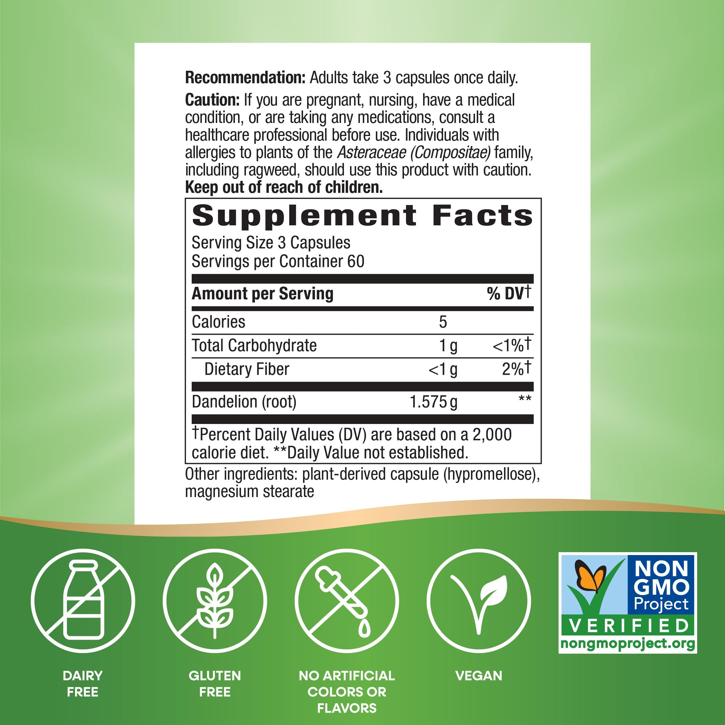 Nature's Way Dandelion Root, Traditional Diuretic Herb*, Traditionally used to Soothe Digestive Upset*, Vegan, 180 Capsules (Packaging May Vary)