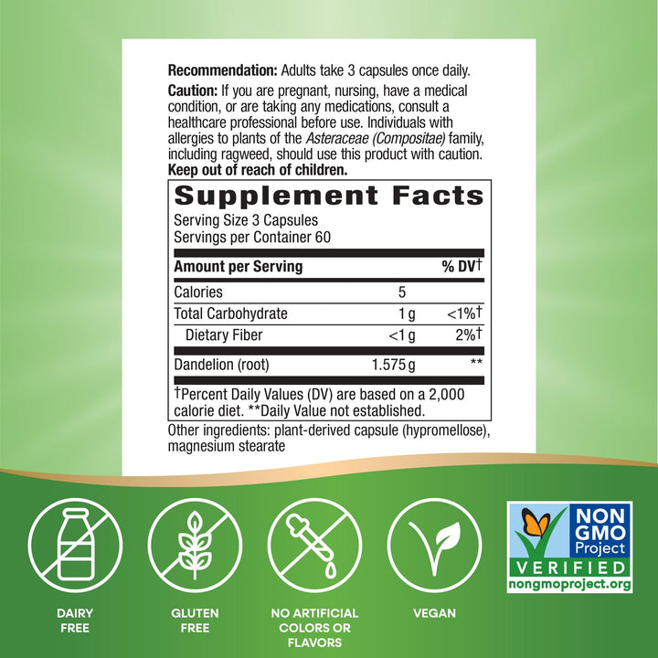 Nature's Way Dandelion Root, Traditional Diuretic Herb*, Traditionally used to Soothe Digestive Upset*, Vegan, 180 Capsules (Packaging May Vary)