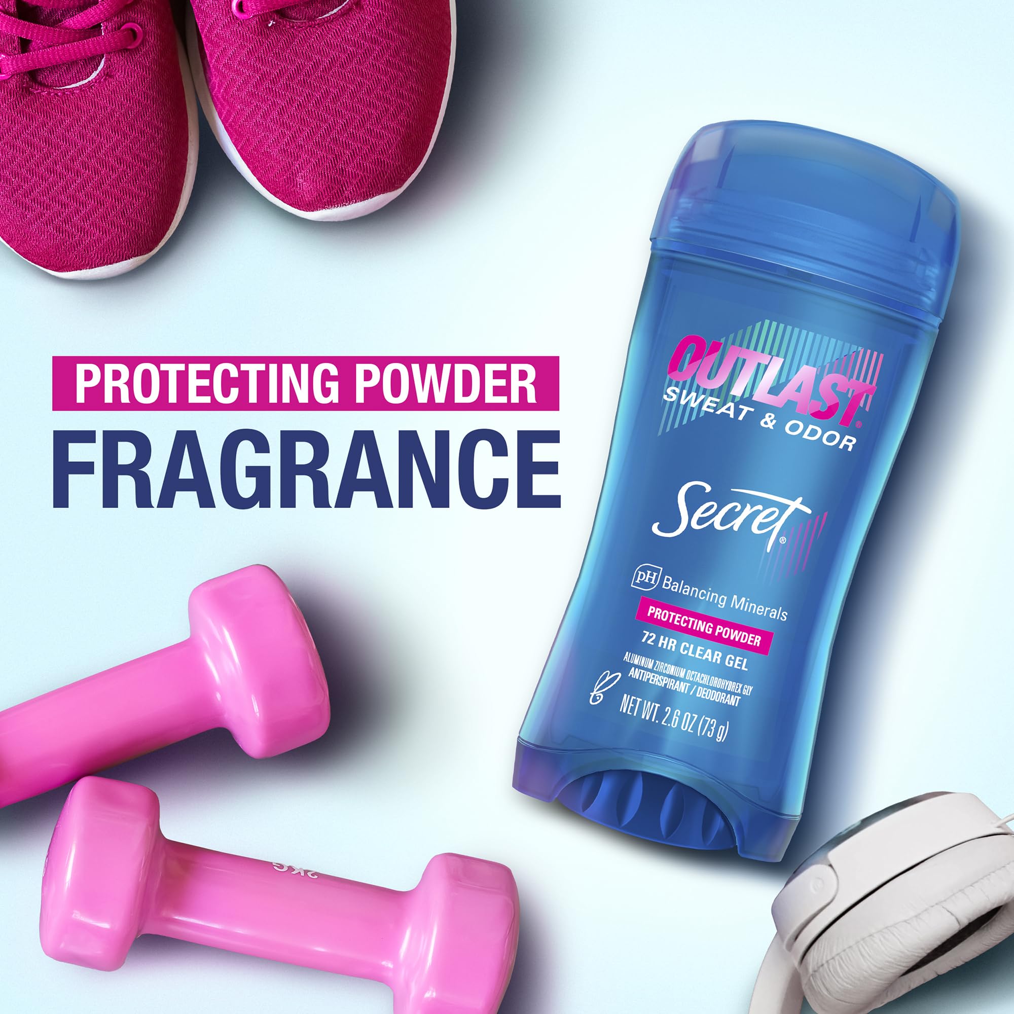 Secret Outlast Antiperspirant Deodorant for Women, Sweat & Odor Protection, PH Balancing Minerals, Clear Gel, Protecting Powder Scent, 2.6 Oz