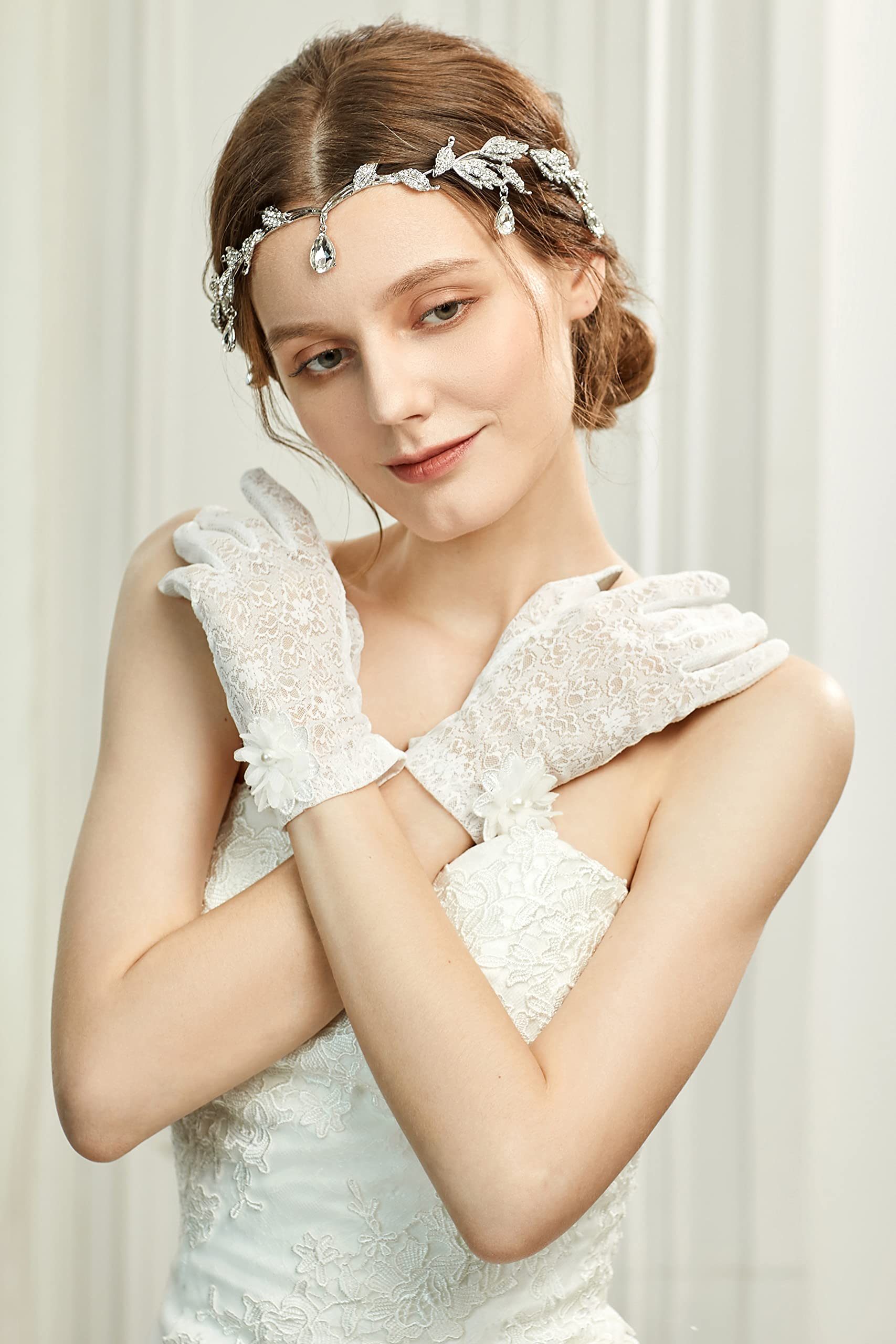 BABEYOND Elegant Rhinestone Leaf Wedding Bridal Bridesmaid Forehead Band Dangle Rhinestone Bridal Tiara Crown with Gift Box , Silver, One size