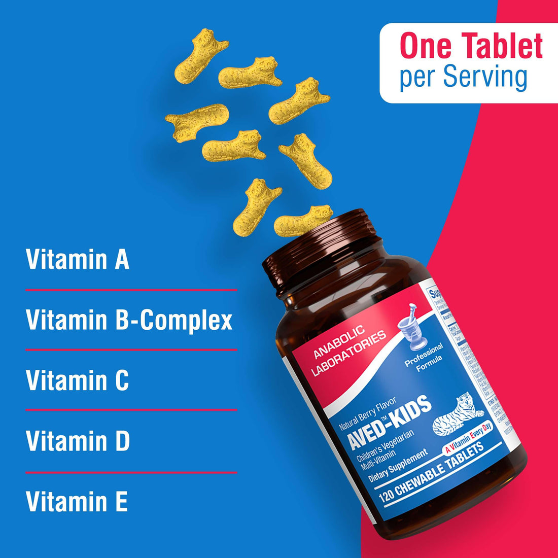 Vitamins for Kids Multivitamin with Iron - 60 Chewable Tiger Tablets with Vitamins A, B-Complex, C, D, E, Iron, Calcium, Magnesium, Zinc, and More - Natural Berry Flavor - AVED Kids