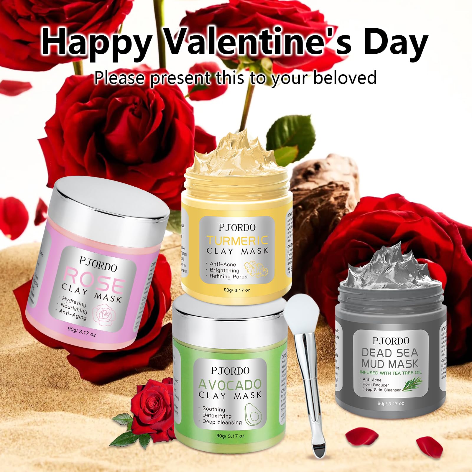 Pjordo Clay Mask Kit, Mothers Day Spa Gifts for Wife, Turmeric Vitamin C, Avocado, Rose Clay Mask, Facial Skin Care Set for Deep Cleaning Reduce Blackheads Dark Spots, 3.17 Oz Each