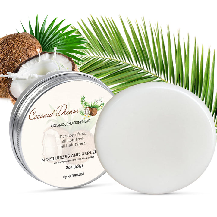 Solid Conditioner Bar, Organic, Plant Based, SLS Free, Vegan, All Hair Types | pH Balanced, Plastic Free | Eco Friendly, Safe For Travel (Coconut Dream) | 2oz