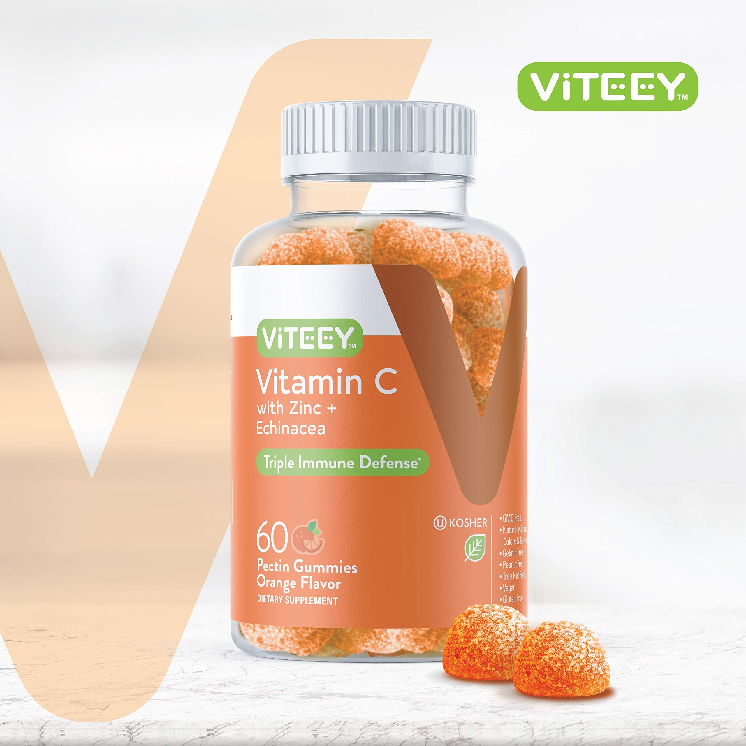 Vitamin C Gummies for Adults & Teens with Zinc & Echinacea - Immune Support Gummies - Immune Booster - Vegan, Gelatin Free, Gluten Free, GMO Free - Tasty Vitamin C Chewable Orange Flavored Gummy