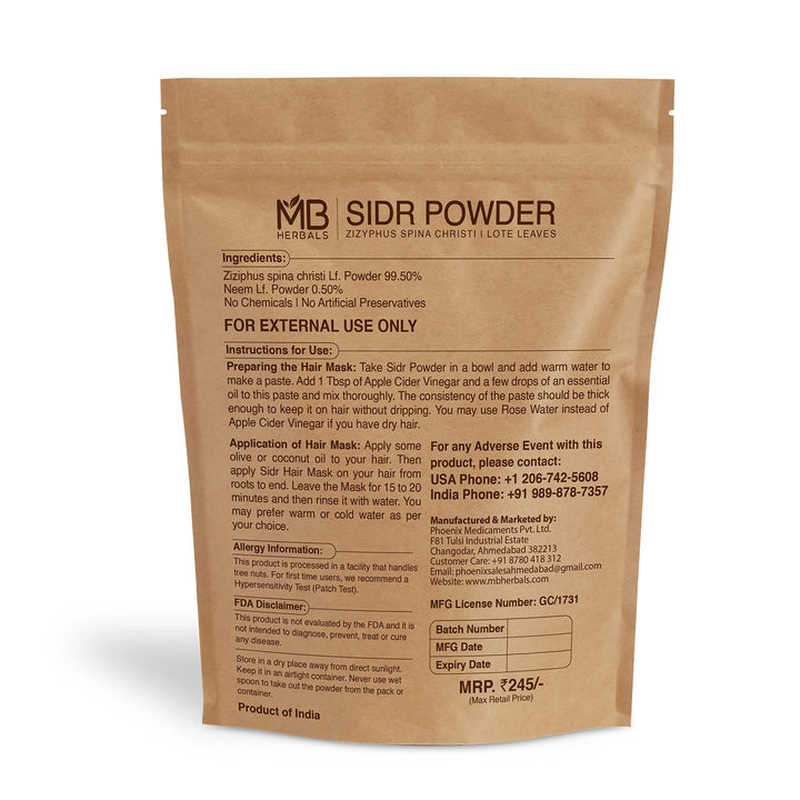 MB Herbals Sidr Powder 8 oz / 0.5 Pound (227 Gram) | WildCrafted | Seder Lote Leaves | Ziziphus Spina Christi | Natural Hair Conditioner & Cleanser | Sidr 99.5%, Neem 0.5%