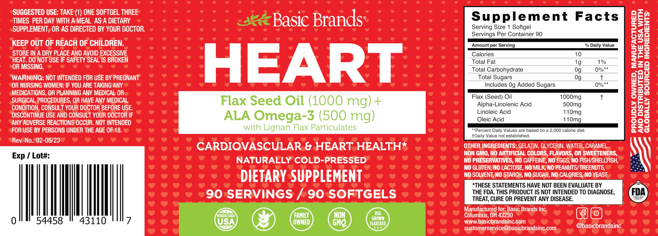 Basic Brands Smart Heart Flax Seed Oil and Ala Omega-3, 90 Count