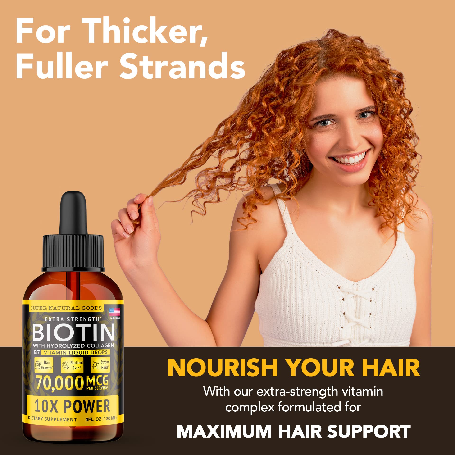 Liquid Biotin & Collagen 70,000mcg Hair Growth Vitamin Drops - Healthy & Radiant Skin, Strong Nail Support - High Potency Hair Loss Supplement For Damaged Strands, USA Made For Men & Women (4oz)