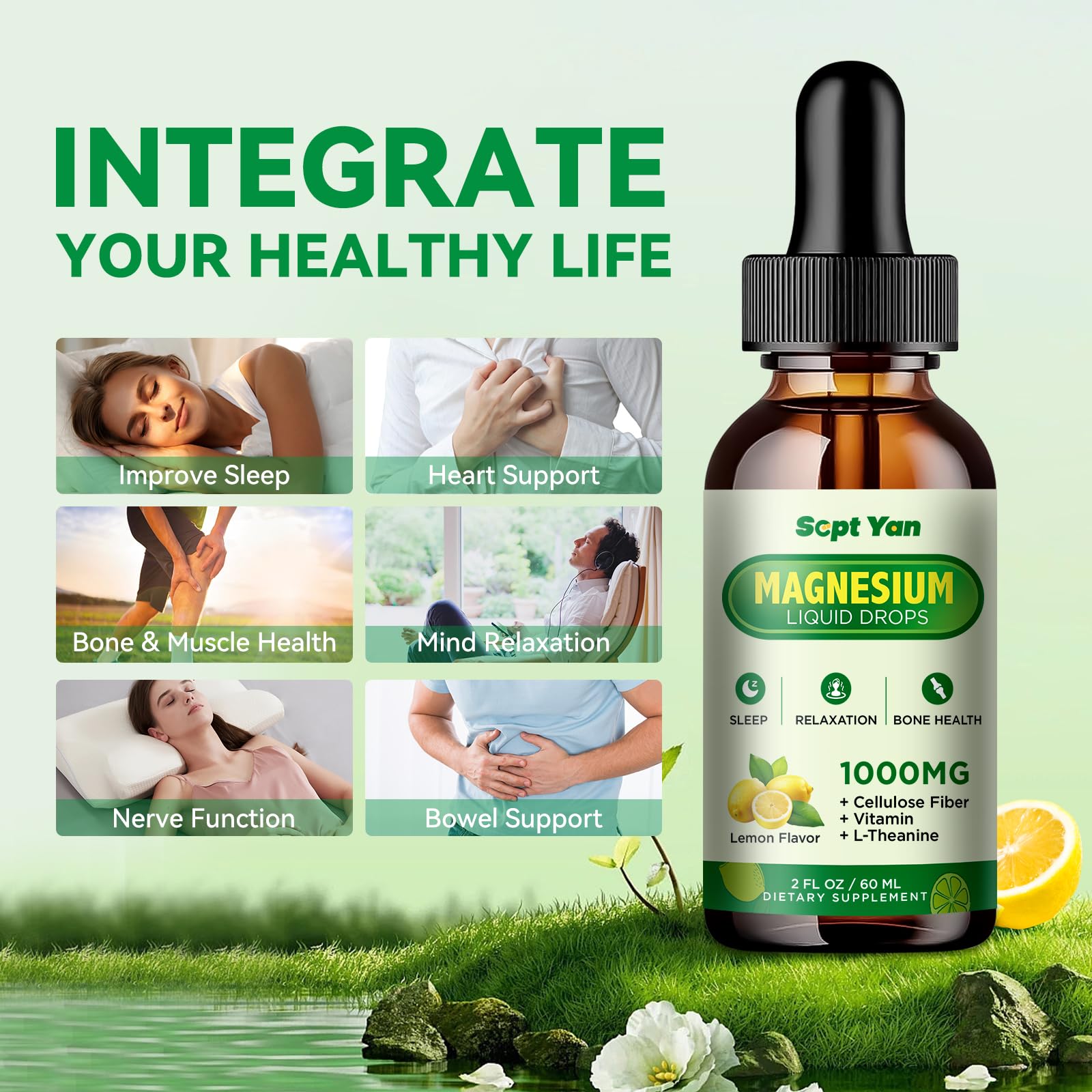 Magnesium Glycinate Liquid Drops, 1000mg Magnesium Glycinate, Citrate & Threonate with Cellulose Fiber, L-Theanine, Vitamin B & C for Sleep, Muscle, Energy & Relaxation, Sugar-Free Lemon Flavor