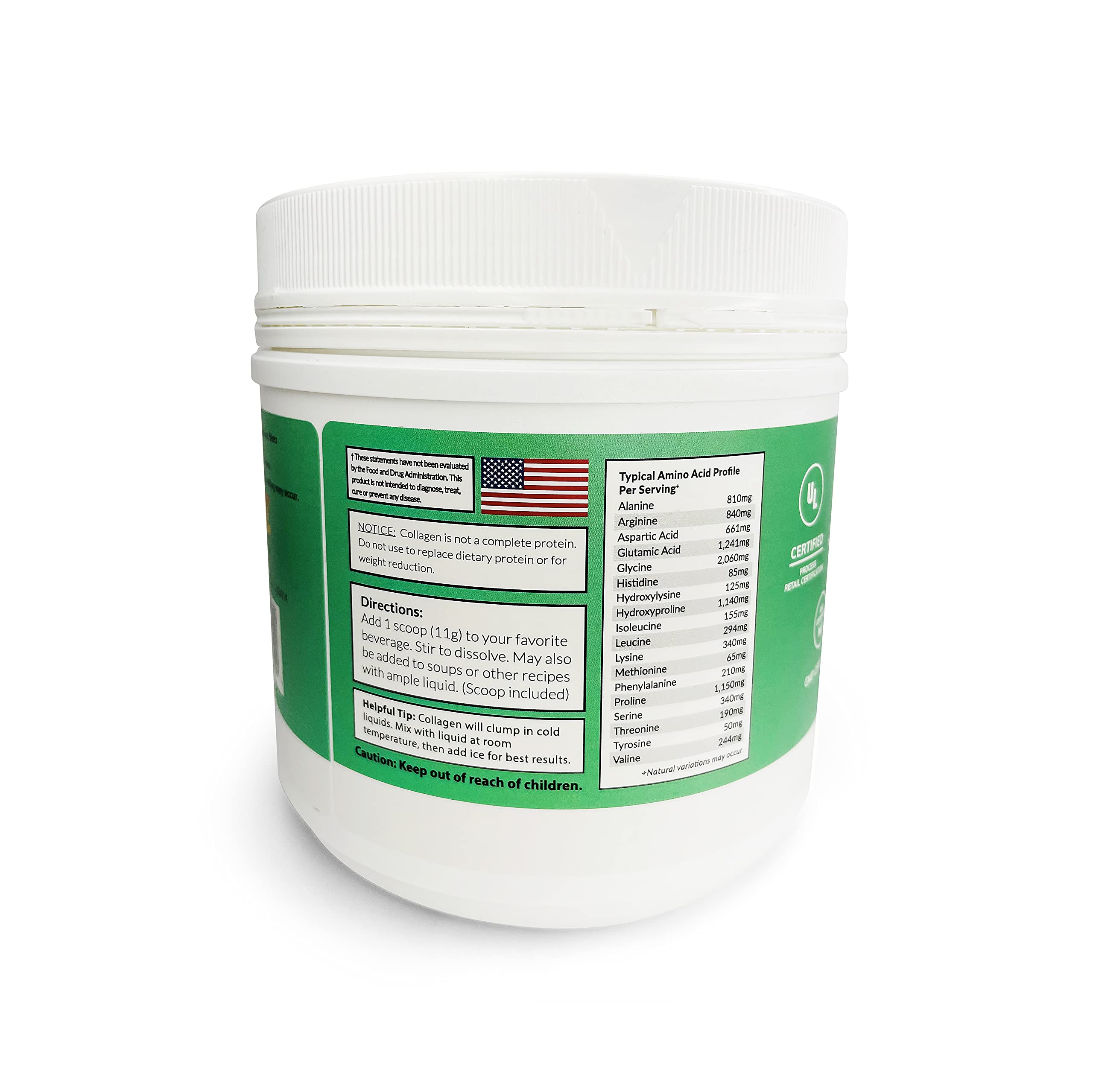 SASZ Hydrolyzed Bovine Collagen Peptides Powder 1lb Jar Clean Collagen Unflavored Grass-Fed Non-GMO Kosher Highly Soluble Protein