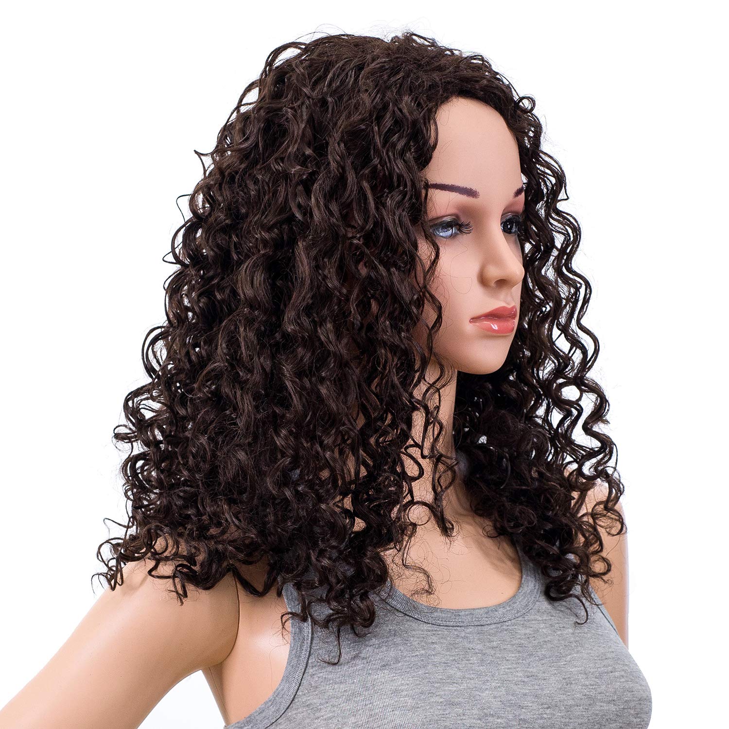 SWACC 20-Inch Long Big Bouffant Curly Wigs for Women Synthetic Heat Resistant Fiber Hair Pieces with Wig Cap (Dark Brown-4#)