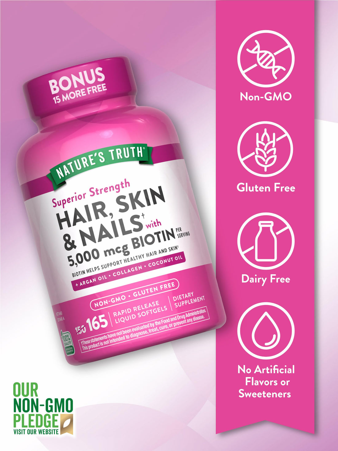 Nature's Truth Hair, Skin & Nails Vitamin | 5000 mcg Biotin | 165 Softgels | with Collagen | Non-GMO & Gluten Free Supplement
