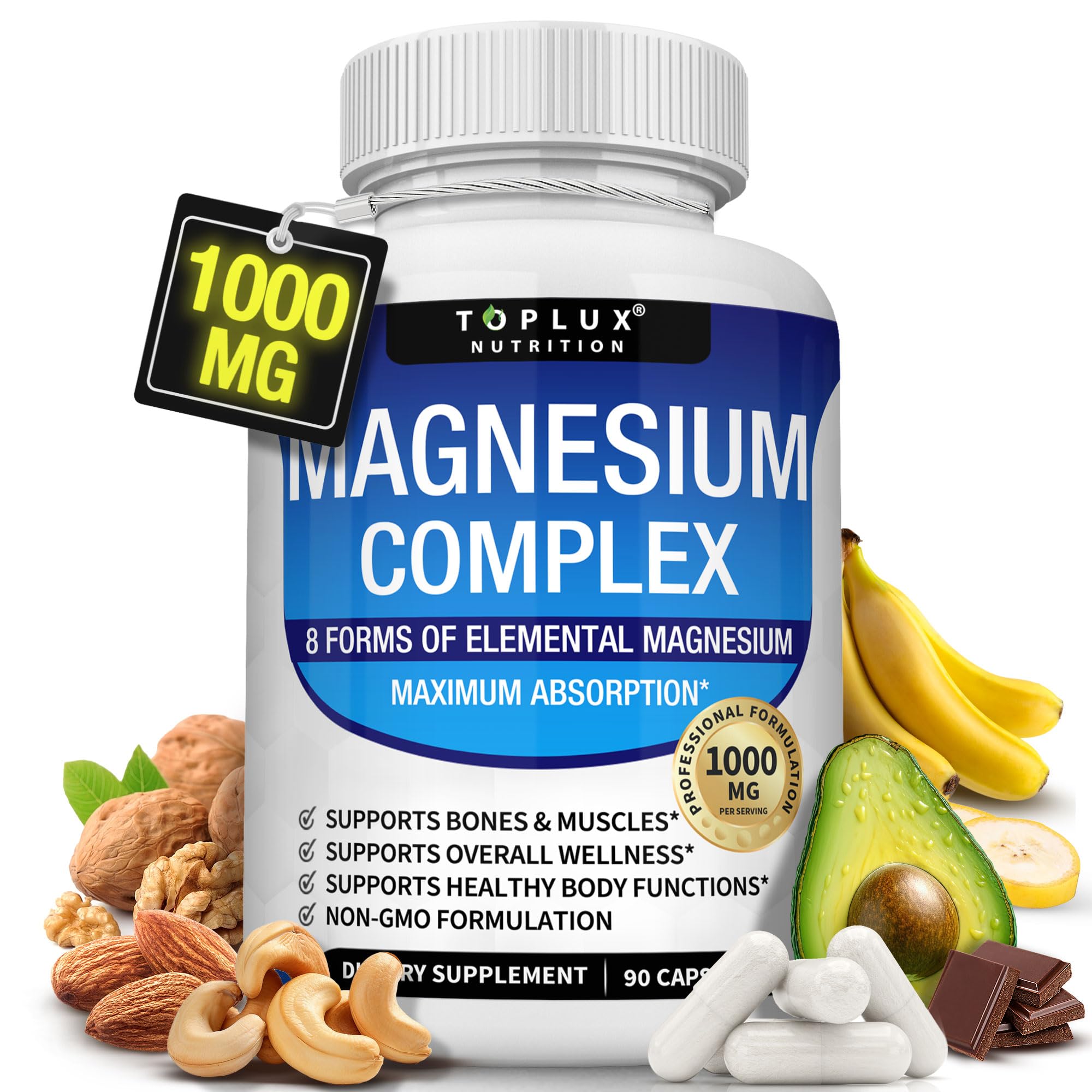 Magnesium Complex Supplement 8 Elemental Magnesium 1000mg - Magnesium Glycinate, Citrate, Malate, Taurate, Chelated for Easy Absorption for Bones, Muscle, Recovery, Energy, Vegan Non-GMO 90 Capsules