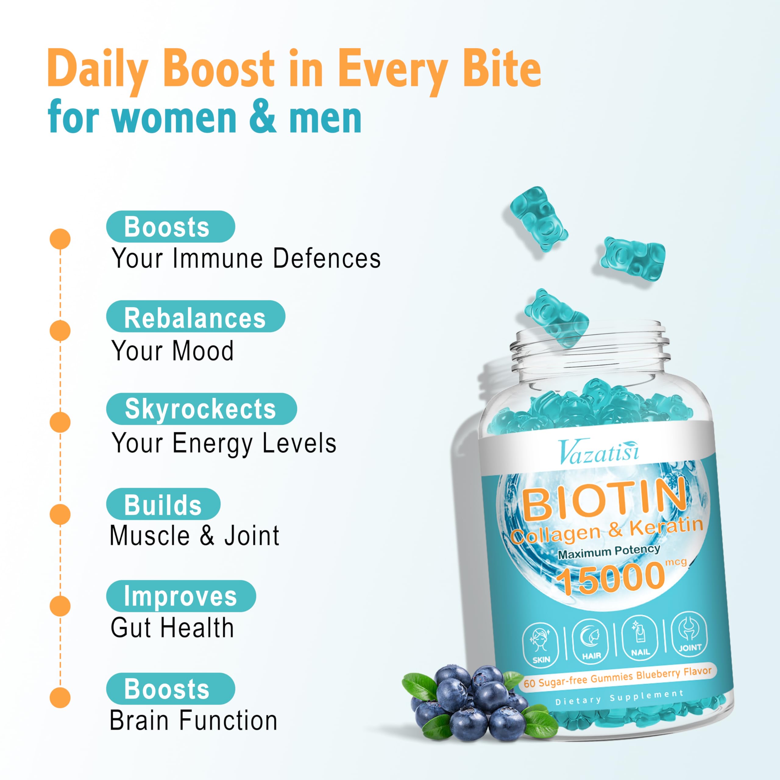 Biotin with Collagen Gummies, Hair Skin and Nails Vitamins Gummies, Vitamin C Zinc for Women Men - Blueberry Flavor, 2 Pack 120 Ct