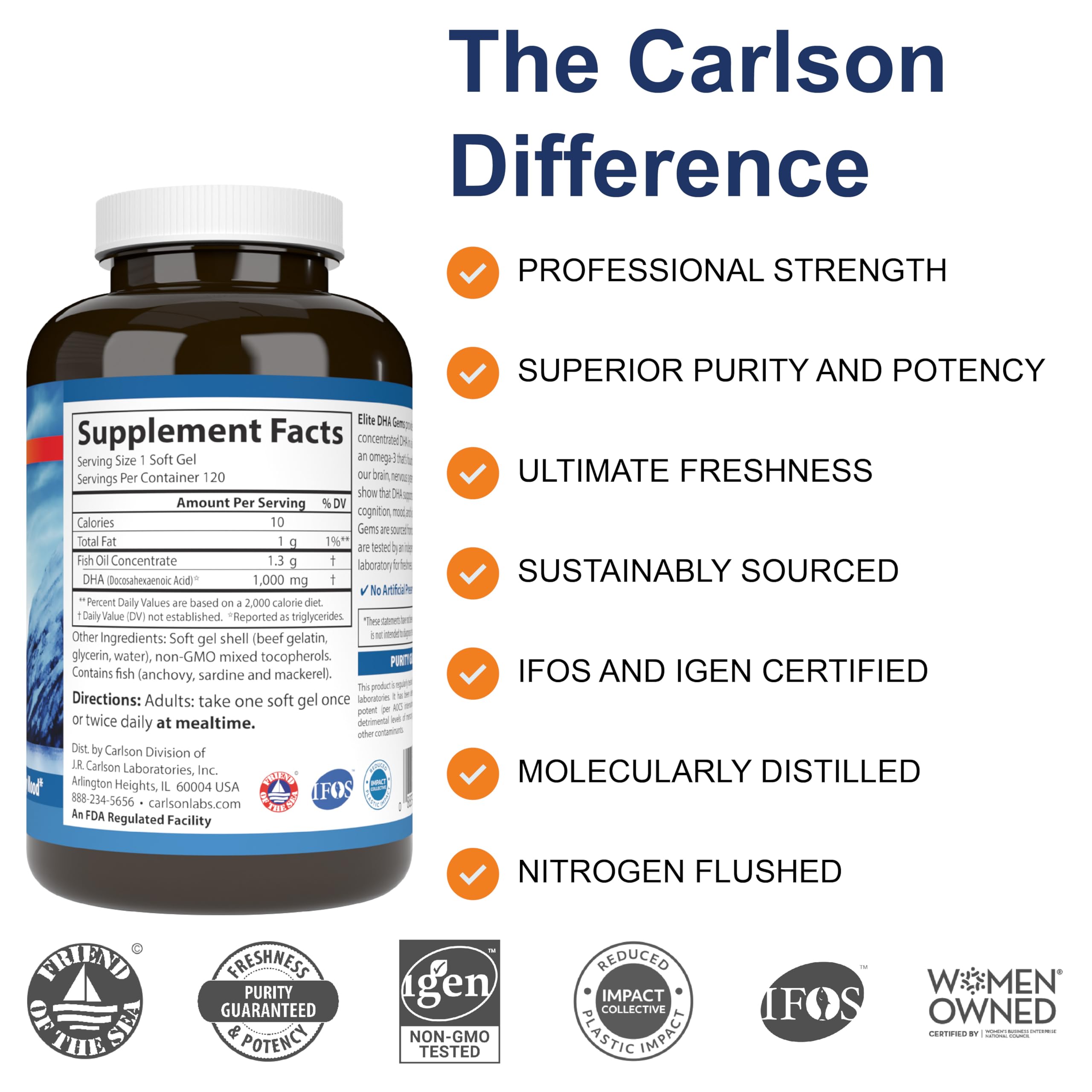 Carlson - Elite DHA Gems, 1000 mg DHA, Wild Caught, Sustainably Sourced, Brain Function & Healthy Vision, 120 Softgels