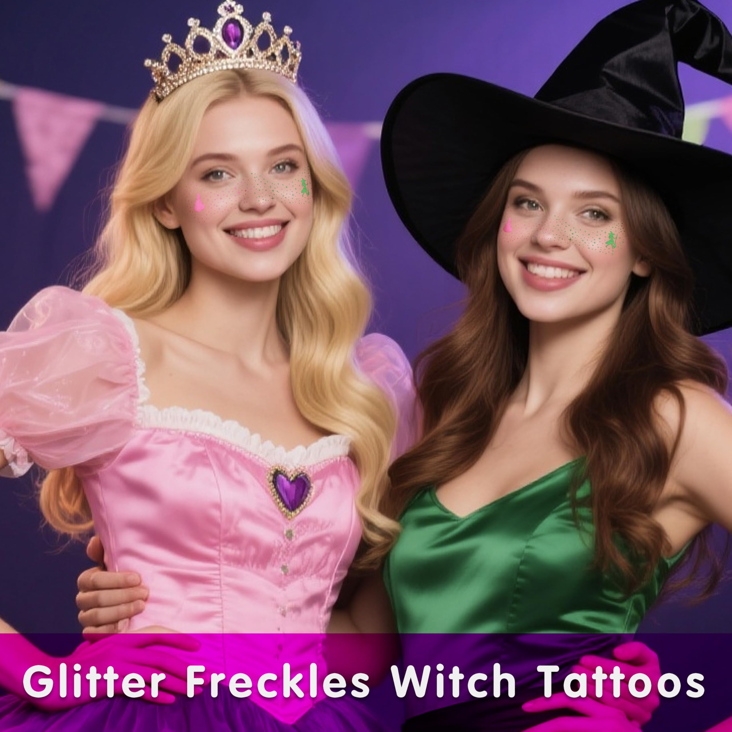 MEICOLY Halloween Glitter Freckles Witch Tattoos for Kids,Friendship Green Witch Pink Princess Stickers for Wicked Makeup Costume,Wicked Birthday Party Accessories,Wicked Party Favors,8 Counts