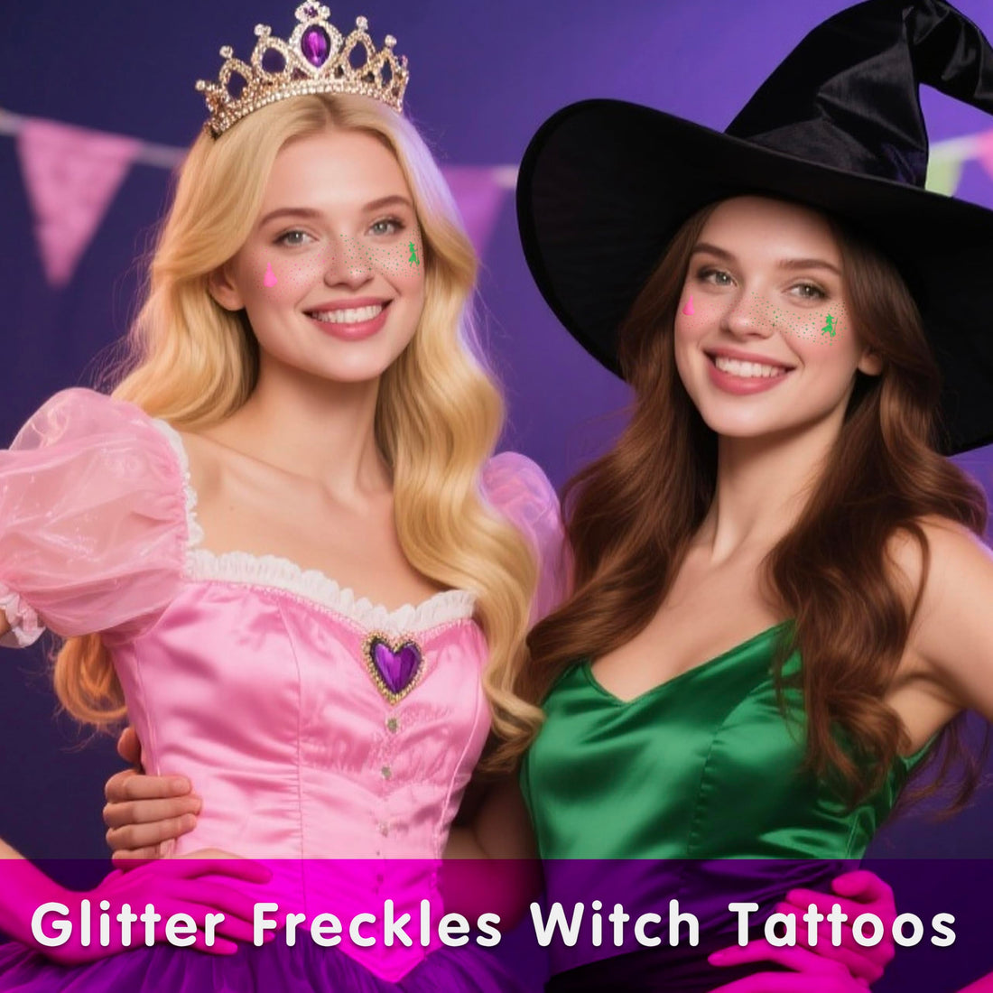 MEICOLY Halloween Glitter Freckles Witch Tattoos for Kids,Friendship Green Witch Pink Princess Stickers for Wicked Makeup Costume,Wicked Birthday Party Accessories,Wicked Party Favors,8 Counts