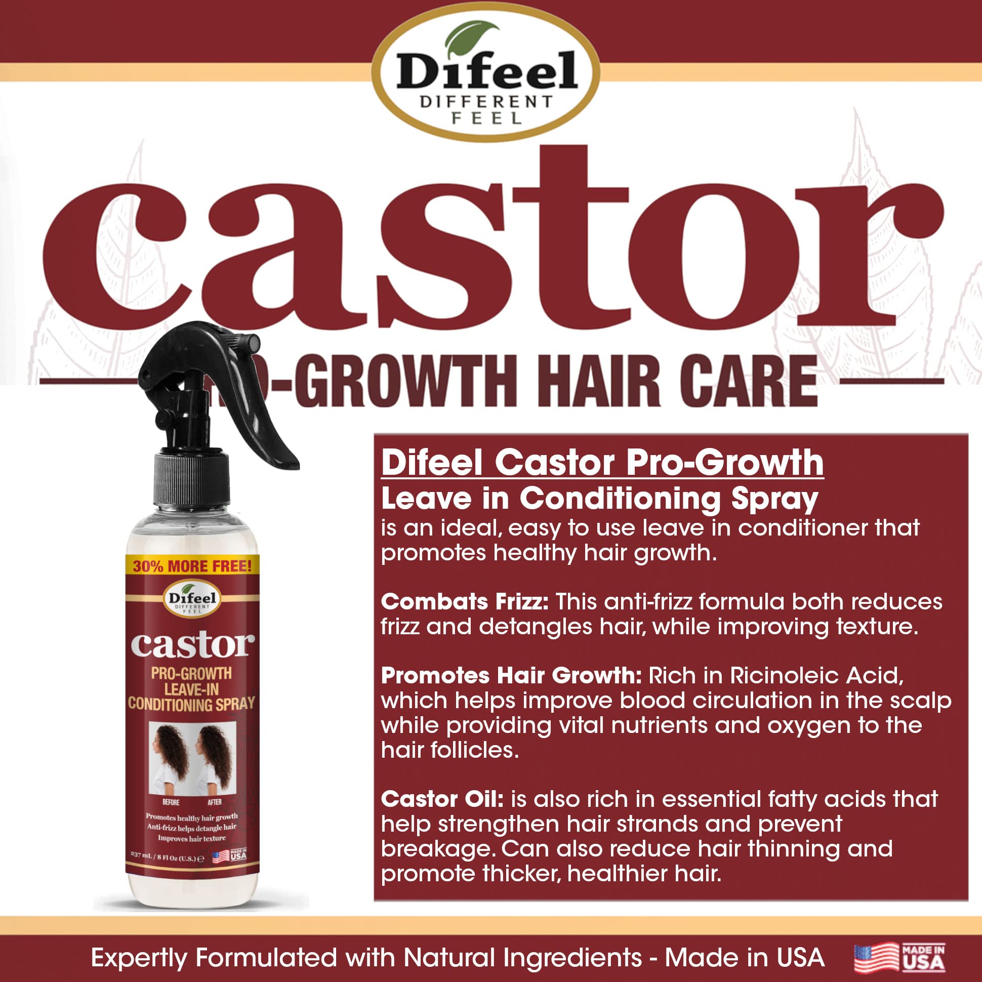 Difeel Castor Pro-Growth Leave-in Conditioning Spray 8 oz. - Large Bottle