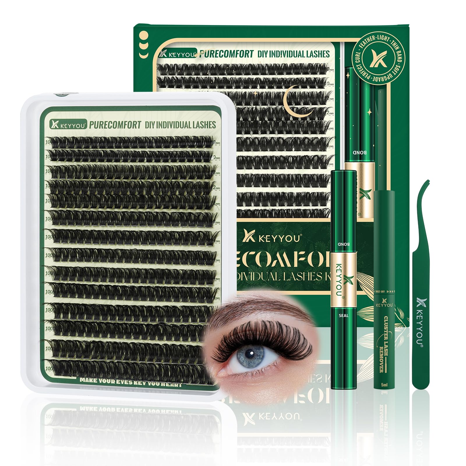 KEYYOU DIY Lash Extension Kit - 280pcs Soft Clusters - 100D Curl - Easy to Apply with Bond, Seal & Remover - At Home