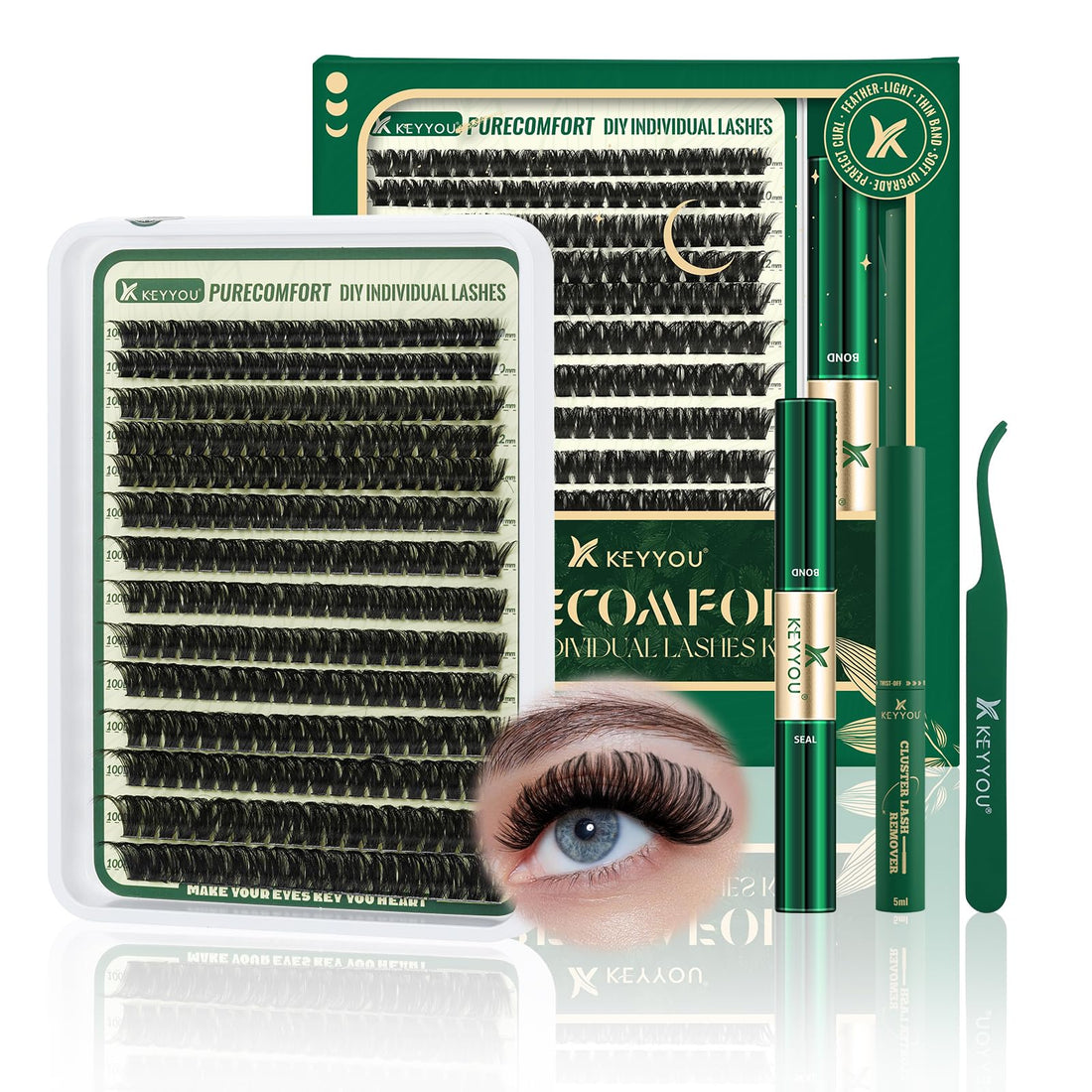 KEYYOU DIY Lash Extension Kit - 280pcs Soft Clusters - 100D Curl - Easy to Apply with Bond, Seal & Remover - At Home