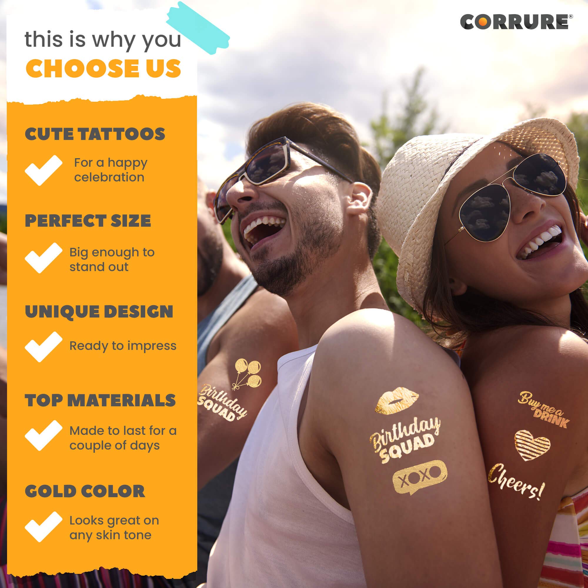 CORRURE 48pcs Birthday Tattoos - Gold Temporary Tattoos Metallic for Women and Men - Happy Birthday Squad Tattoos for Girls, 18th 21st 25th 30th or Any Adult Bday - 11 Flash Party Tattoos