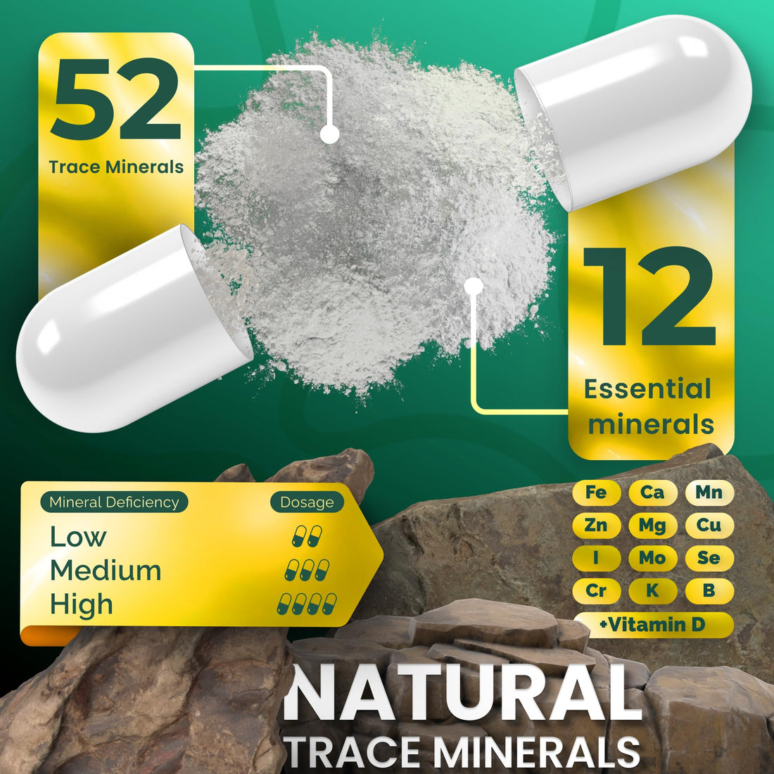 ADEO2 - Premium Blend of 52 Trace Minerals Complex with Essential Minerals in Chelated Form – All Natural and 100% Organic - 120 Capsules - Full Spectrum Ionic Mineral Blend - Safe for Women and Men