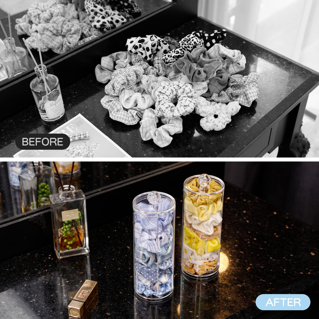 FABROK Clear Scrunchie Holder Stand, Hair Tie Organizer Stand with Lid, Portable Hair Accessories Organizer Perfect Scrunchy Display Organizer for Teen Girls