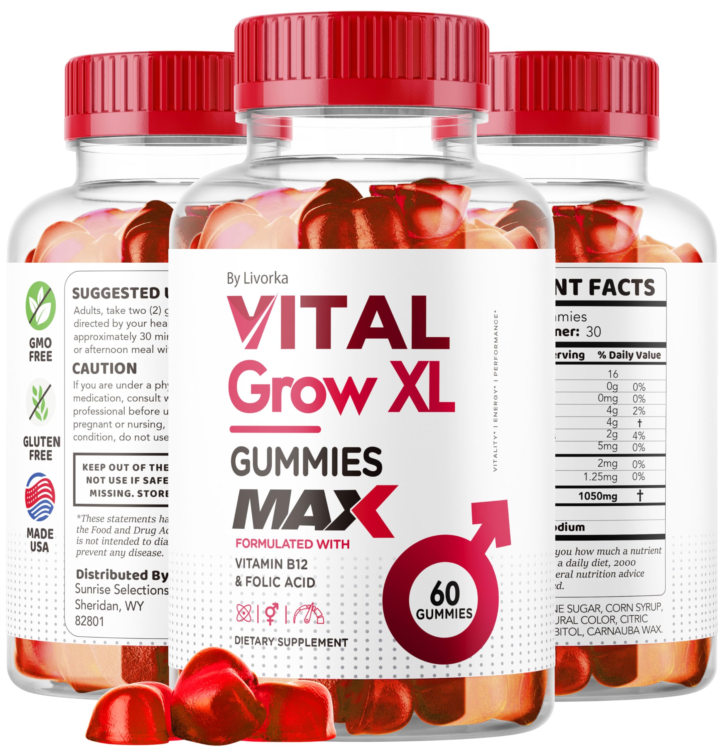 (3 Pack) Vital Grow XL Male Gummies - Men's Performance Gummies 1050MG Vital GrowXL Blend, Vital Growth Gummy Advanced Formula, 180 Gummies for 3 Months