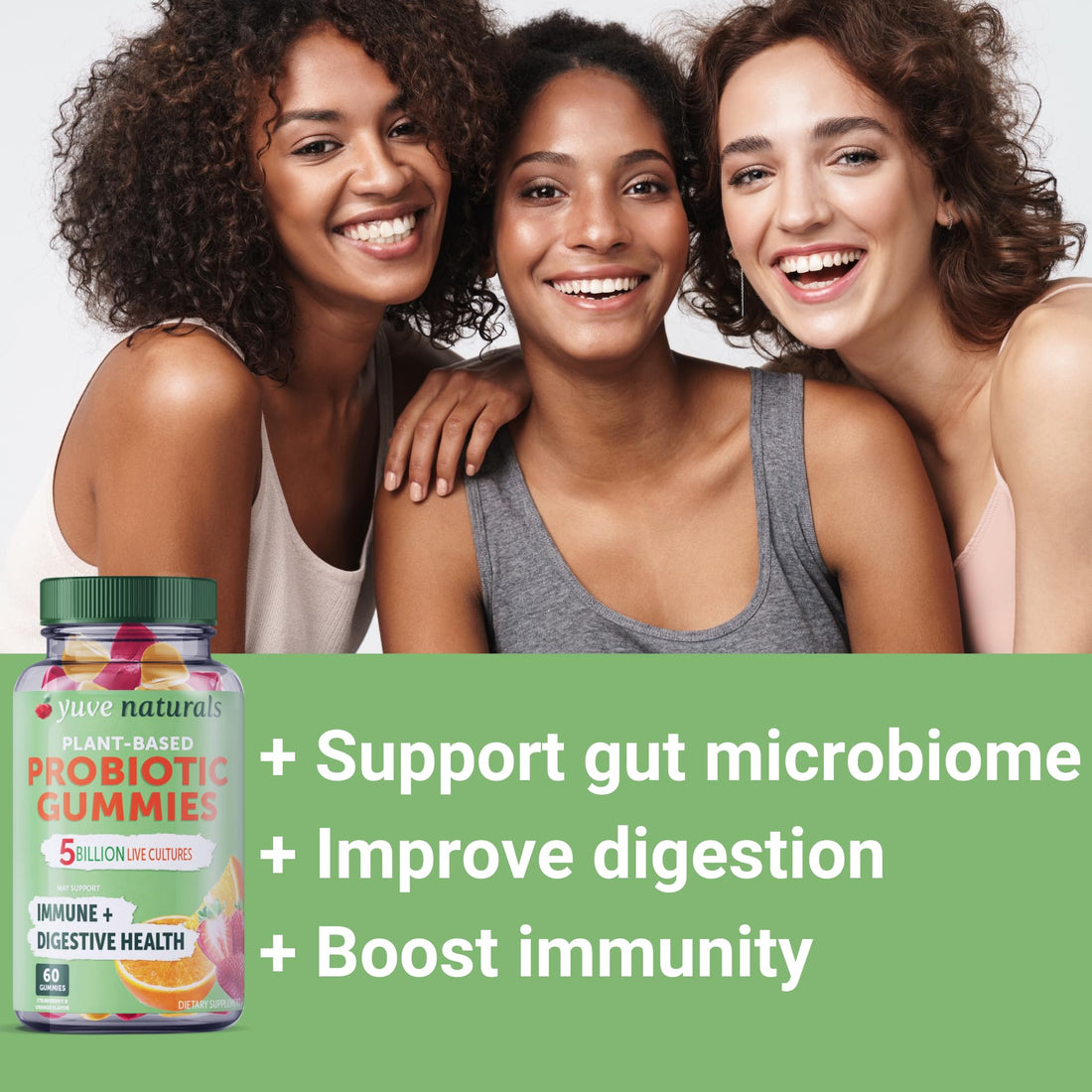 Yuve Vegan Probiotic Gummies, Probiotics for Women & Men, Sugar & Gluten-Free Gummy Probiotics, Digestive & Immune Support, 5 Billion CFU, Helps with Constipation, Bloating & Leaky Gut, Non-GMO - 60ct