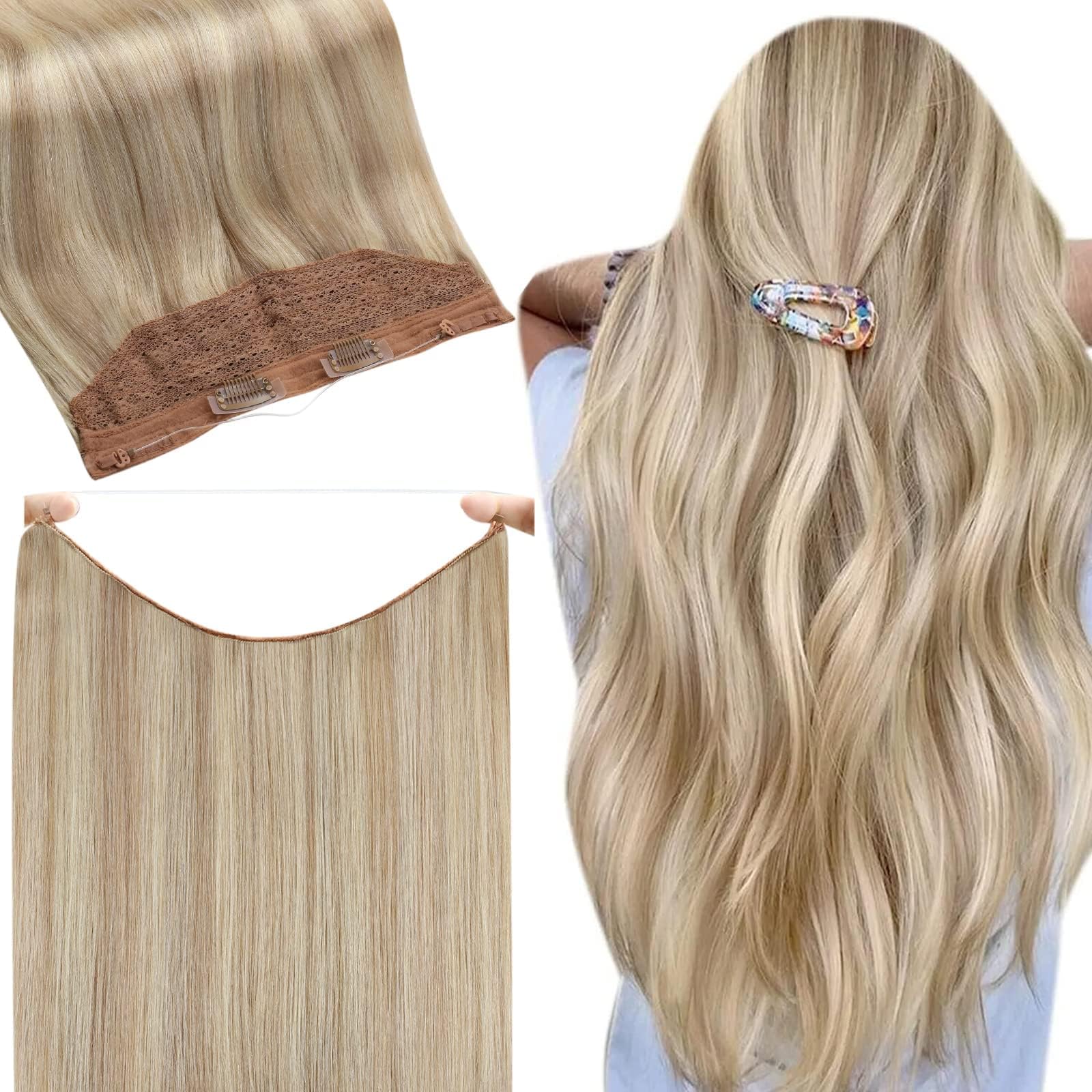 Fshine Invisible Human Hair Extensions 20 Inch Secret Crown Headband Wire in Hair Extension with Removable Clips 80 Gram Layered Wire Hair Extensions Ash Blonde 18 Highlighted Bleach Blonde 613