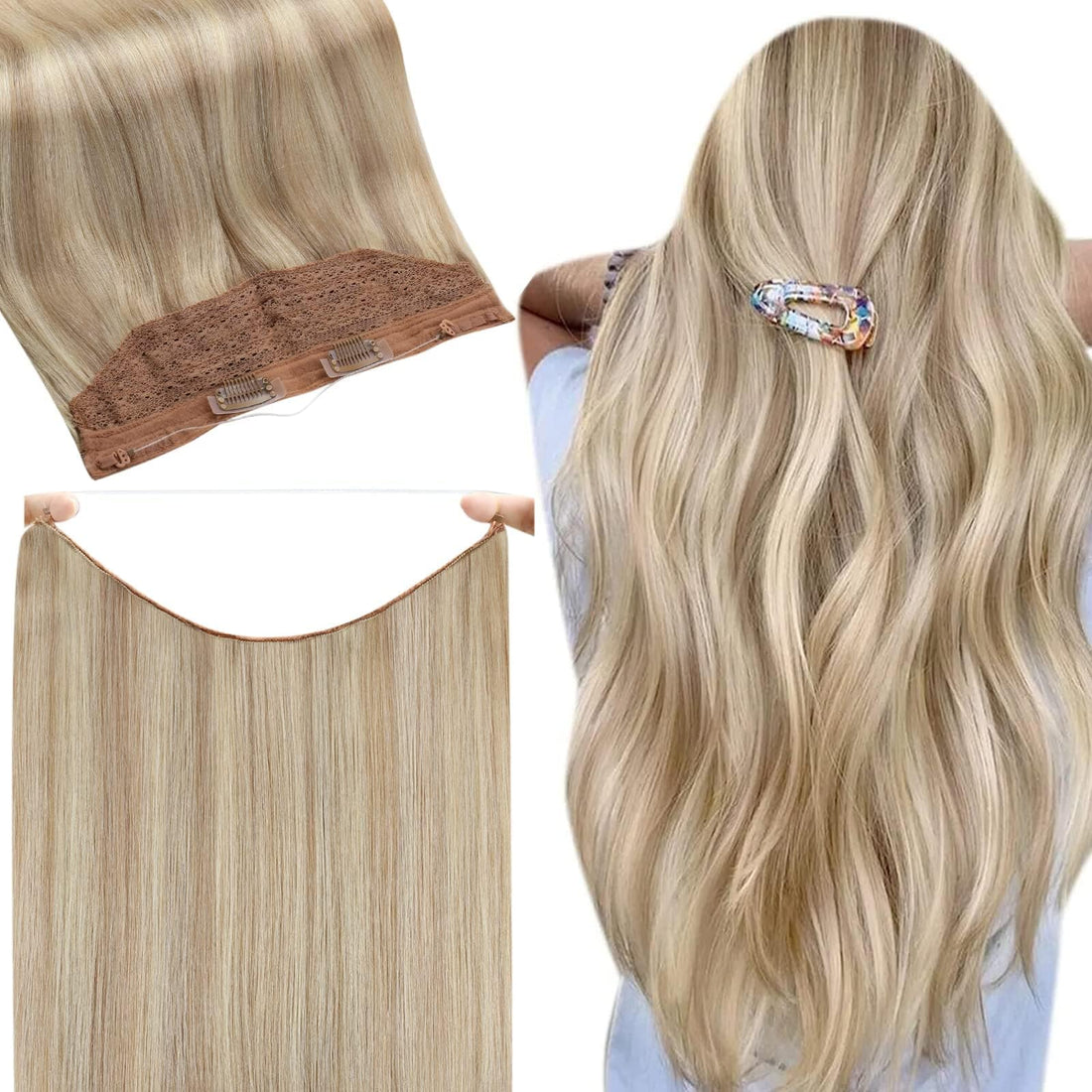 Fshine Invisible Human Hair Extensions 20 Inch Secret Crown Headband Wire in Hair Extension with Removable Clips 80 Gram Layered Wire Hair Extensions Ash Blonde 18 Highlighted Bleach Blonde 613