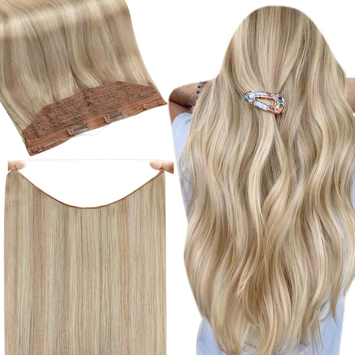 Fshine Invisible Human Hair Extensions 20 Inch Secret Crown Headband Wire in Hair Extension with Removable Clips 80 Gram Layered Wire Hair Extensions Ash Blonde 18 Highlighted Bleach Blonde 613