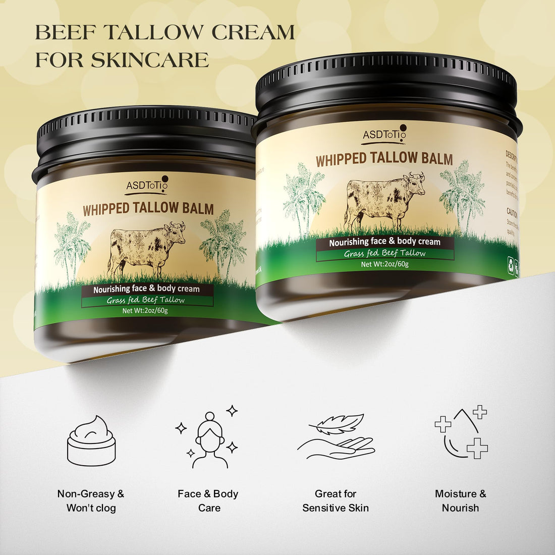 ASDToTio Handmade Whipped Tallow Balm for Skin Care- All Natural Grass Fed Beef Tallow All Purpose Balm,Face and Body Moisturizing Cream, Tallow Balm For Dry Skin- 2 oz