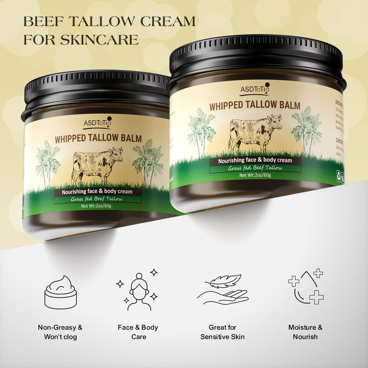ASDToTio Handmade Whipped Tallow Balm for Skin Care- All Natural Grass Fed Beef Tallow All Purpose Balm,Face and Body Moisturizing Cream, Tallow Balm For Dry Skin- 2 oz