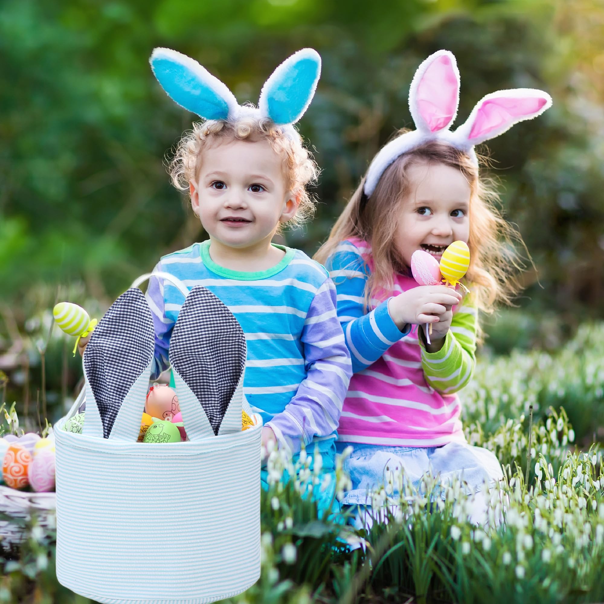Easter Bunny Basket Seersucker Egg Bags for Kids,Personalized Candy Egg Basket Rabbit Print Buckets with Fluffy Tail Gifts Bags for Easter……