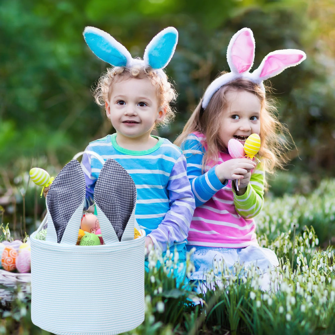 Easter Bunny Basket Seersucker Egg Bags for Kids,Personalized Candy Egg Basket Rabbit Print Buckets with Fluffy Tail Gifts Bags for Easter……