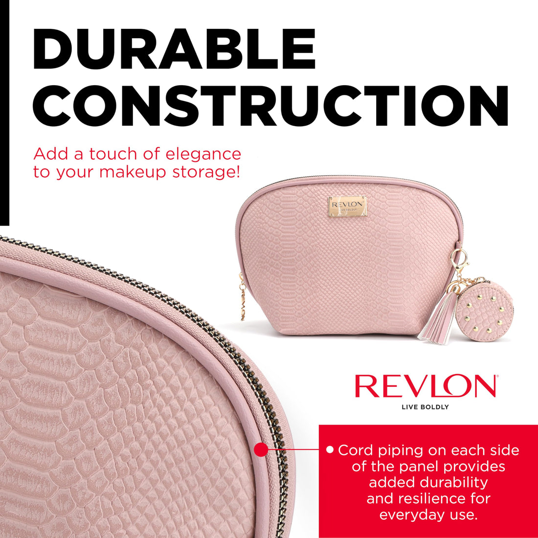 REVLON Croc Embossed Makeup Pouch, Small Makeup Pouch, Travel Makeup Organizer with Tassel & Mirror Keychain, Cosmetic Bag, Mini Makeup Case with Pockets, Gifts for Women, Ladies, or Teen Girls, Rose