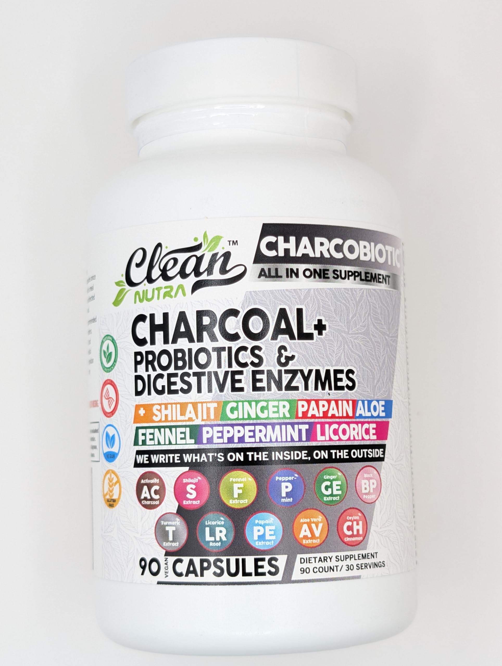 Clean Nutra Activated Charcoal Capsules Shilajit 5000mg Pills Probiotic 200 Billion + Digestive Enzymes for Digestive Health with Peppermint Fennel Licorice Papain Ginger Turmeric | Gut Health
