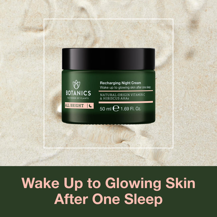 Botanics All Bright Recharging Night Cream - Vitamin C Face Moisturizer with Hibiscus AHA for Glowing Skin - Hydrating & Smoothing - Vegan & Cruelty-Free Face Cream for Women & Men (1.69 Fl Oz)