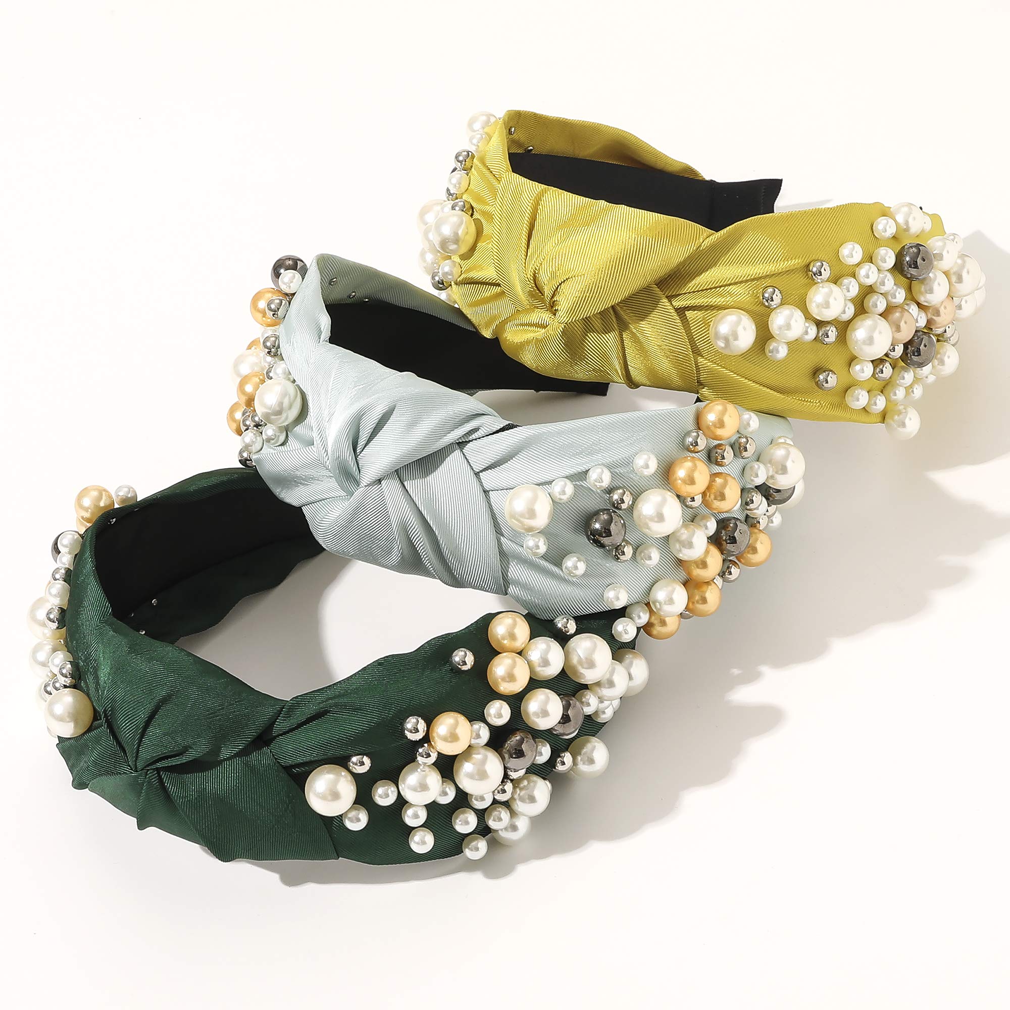 Ivyu Headbands for Women Head Bands - Knotted Pearl Headband Diademas Para Mujer De Moda Hair Accessories Hairbands for Girls No Slip Fashion Cute Top Knot Headband Gift for Women Green Yellow Blue