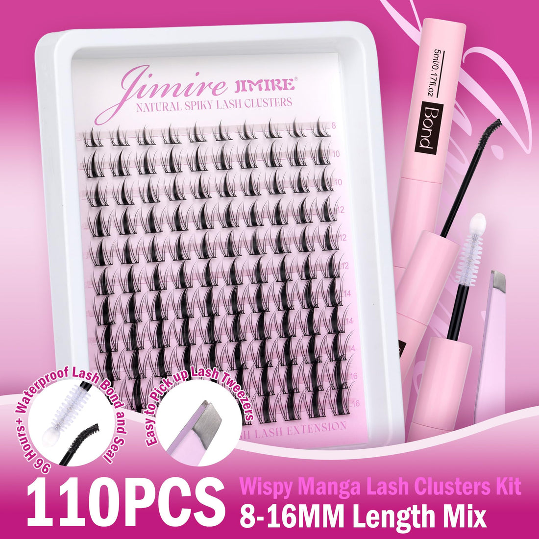 JIMIRE Lash Clusters Kit Manga Cluster Lashes Natural Look Wispy DIY Lash Extension Kit with Lash Bond and Seal Waterproof 110Pcs 8-16MM Wispy D Curl Individual Lashes Wet-Look Eyelash Extension