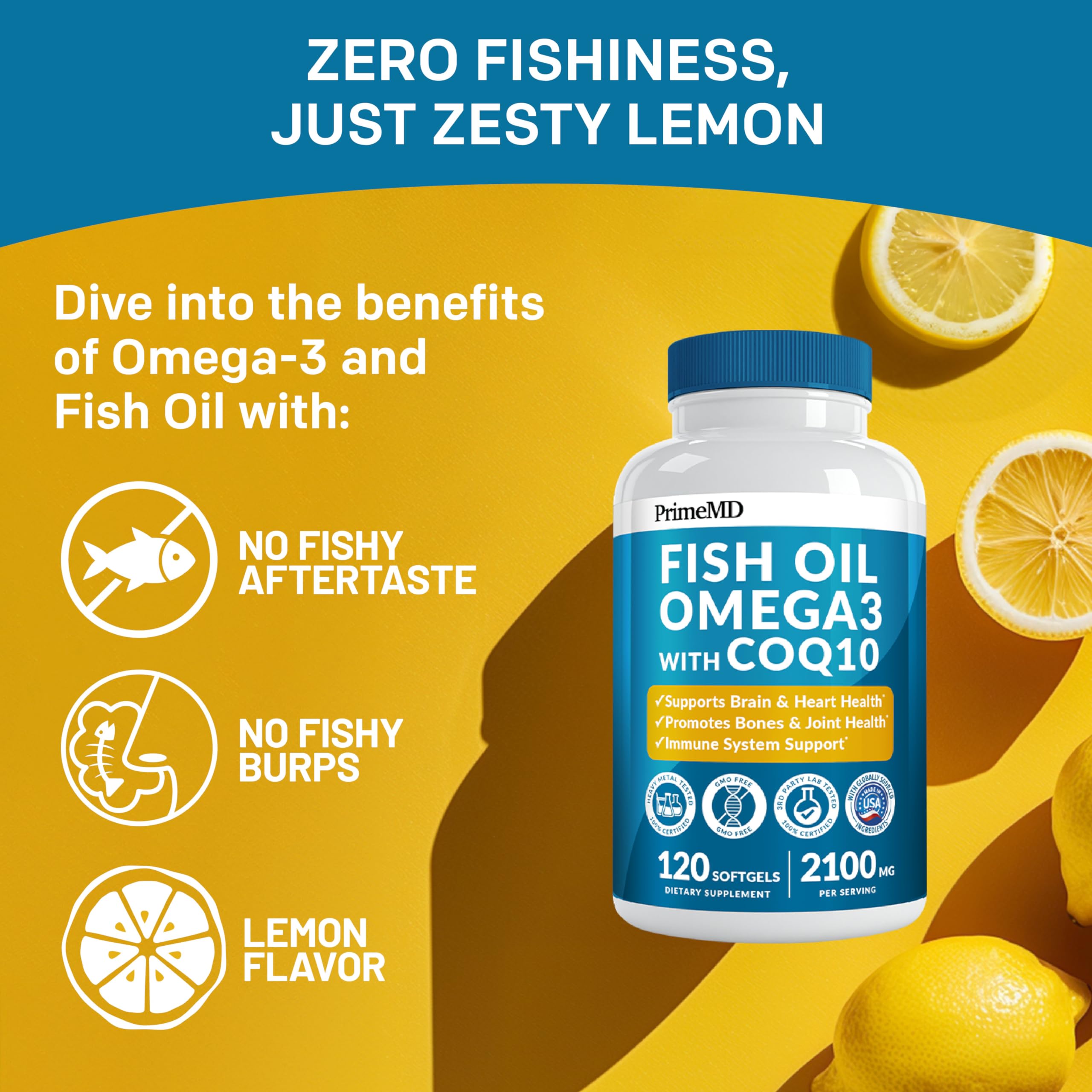 5-in-1 Fish Oil Omega 3 Fatty Supplements (2100mg) - Omega 3 Fish Oil with Vitamins D3 K2 and CoQ10 - Lemon Flavored (120 softgels)