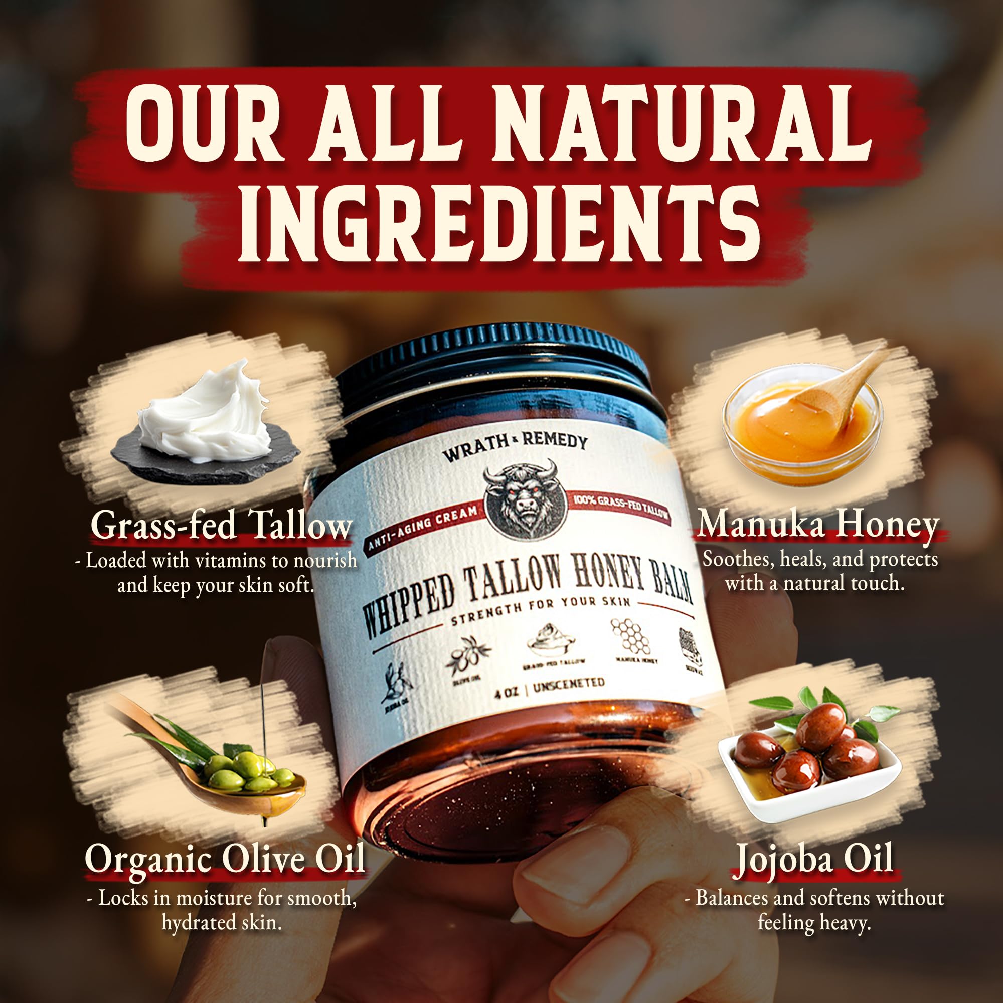 Wrath & Remedy Handmade Whipped Organic Beef Tallow for Skin - 4 OZ (Unscented) — Grass Fed Beef Tallow Moisturizer and Honey Balm for Silky, Sensitive-Skin, Eczema, Rosacea - Free of Harsh Chemicals