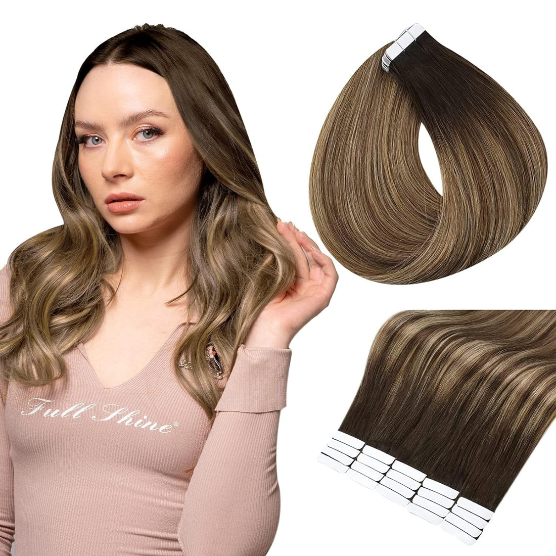 14 , #2#3#27 : Full Shine 14 20 Pcs 50 Gram Color #2 Fading to #3/27 Balayage Hair Extensions of Full Head Extensions Glue in Hair Extensions