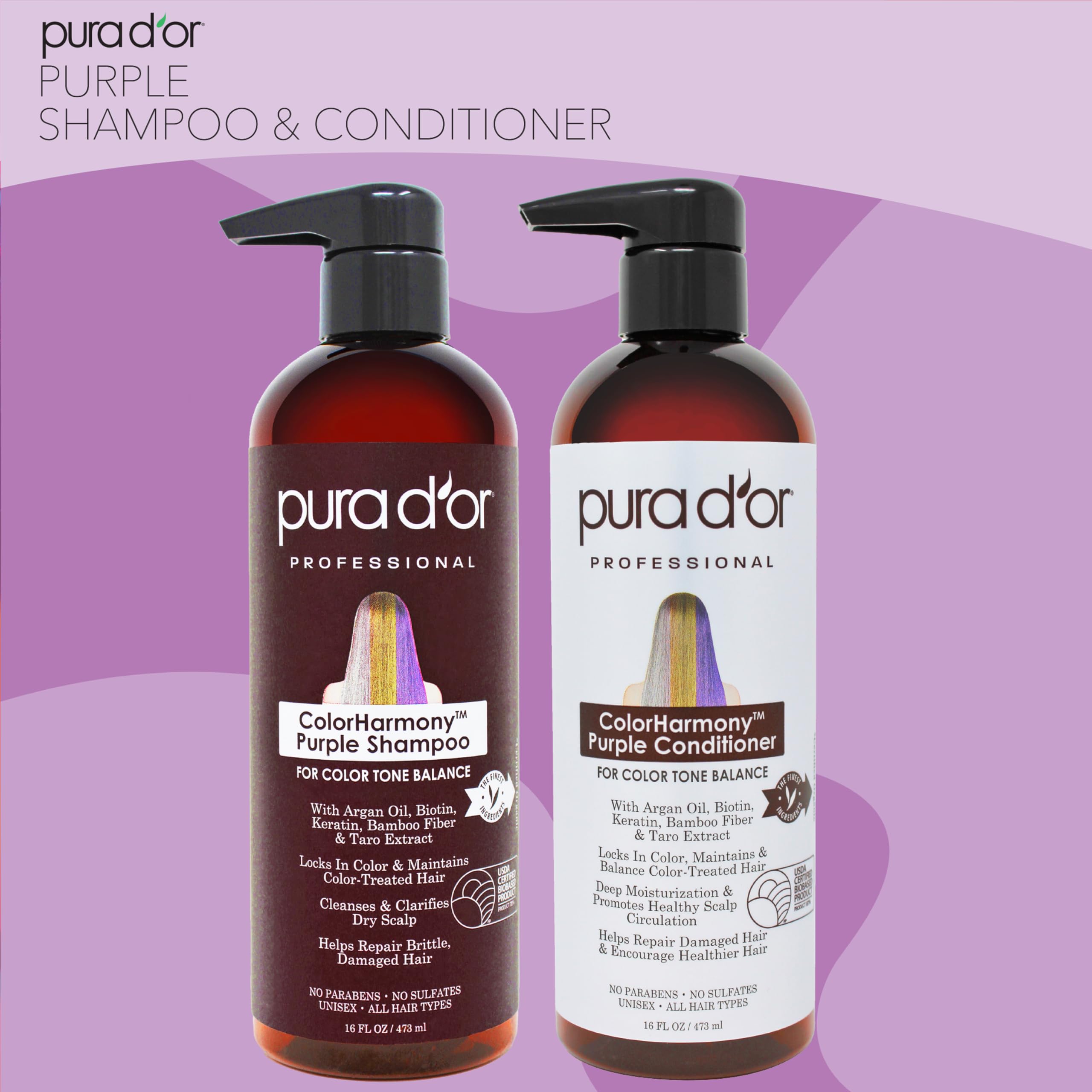 PURA D'OR ColorHarmony Purple Shampoo & Conditioner Biotin Set (16oz x 2) For Bleached, Blonde, Silver & Color Treated Hair - Keratin, Bamboo Fiber, No Sulfates, Natural Ingredients - Men & Women