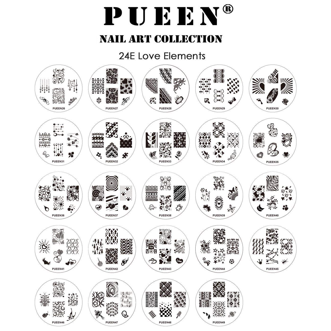 Pueen 2013 Nail Art Stamp Collection Set 24E - Love Elements - New Unique Set Of 24 Nailart Polish Stamping Manicure Image Plates Accessories Kit (Totaling 144 Images) With Bonus Storage Case
