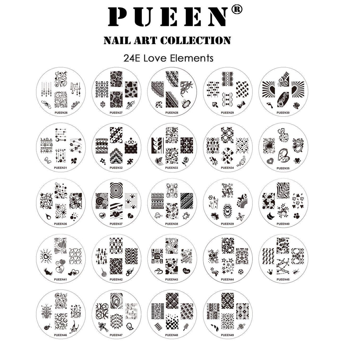 Pueen 2013 Nail Art Stamp Collection Set 24E - Love Elements - New Unique Set Of 24 Nailart Polish Stamping Manicure Image Plates Accessories Kit (Totaling 144 Images) With Bonus Storage Case