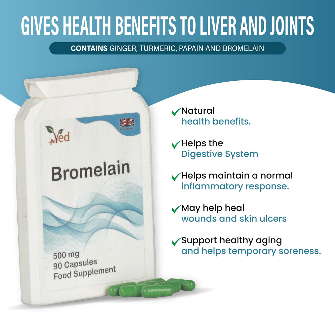 Ved Bromelain Capsule High Strength 3000 GDU/g 500mg per Capsule, Naturally Derived from Pineapple, Vegan Capsule, 90 Capsule(3 Months Supply)