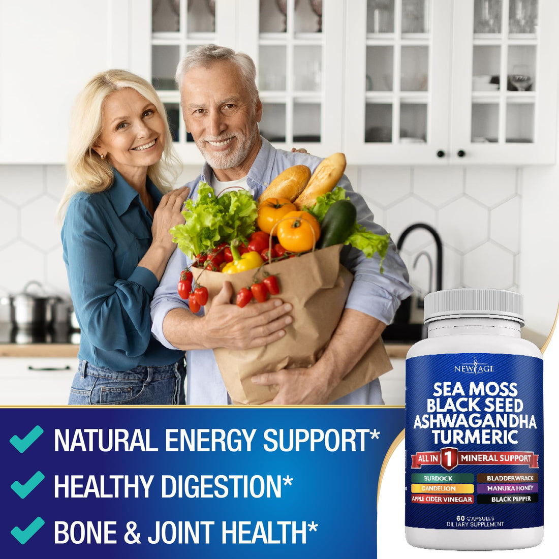 NEW AGE Sea Moss Black Seed Oil Ashwagandha Turmeric Bladderwrack Burdock - with Manuka, Honey Dandelion, ACV Black Pepper Gluten Free
