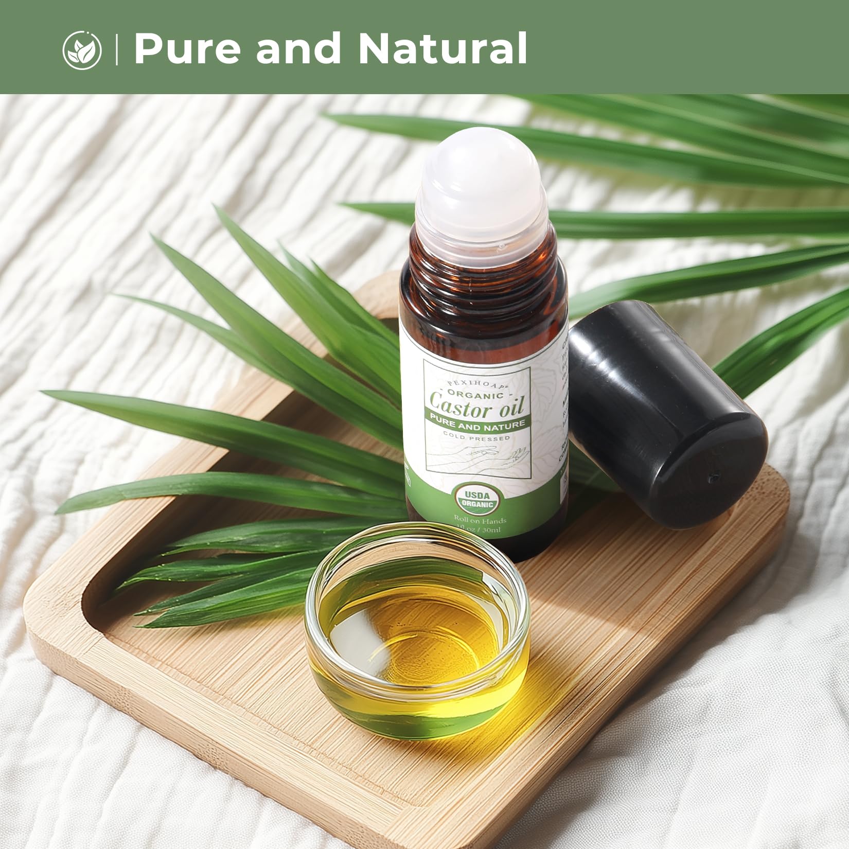 Castor Oil Roll on for Waist Belly Body Skin, Certified Organic Pure Cold Pressed Body Castor Oil Roller Stick Glass Bottle - 1fl.oz