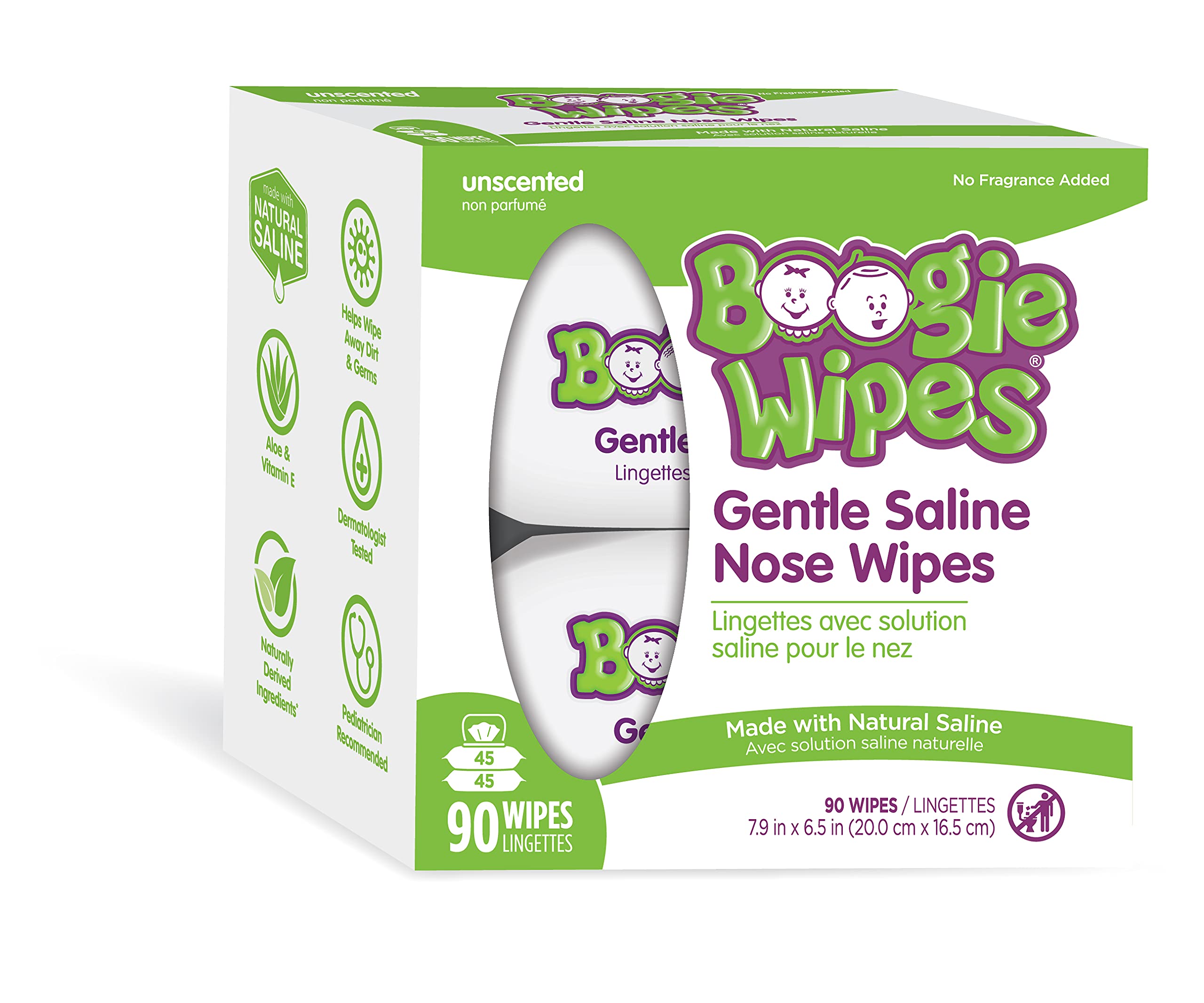 Boogie Wipes, Saline Wipes for Baby & Kids, Nose Booger Wipes for Allergy Relief, Face, Hand & Body, Made with Vitamin E, Aloe and Natural Saline, Unscented, 45 Count (Pack of 2)